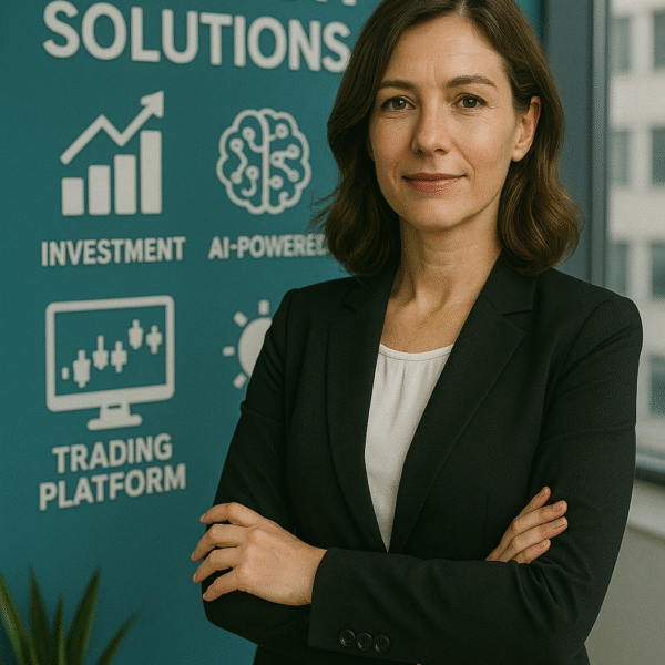 Senior fintech specialist posing confidently in front of a teal Fintech Solutions backdrop with icons for investment, AI-powered technology and trading platforms in an office environment.