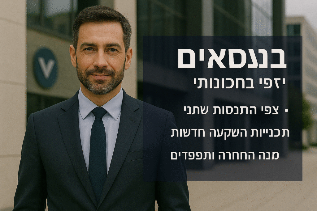 איש עסקים ישראלי עומד מול מטה החברה עם כיתוב על ניתוחים עסקיים ותשתיות פיננסיות מתקדמות של OPCOPRO