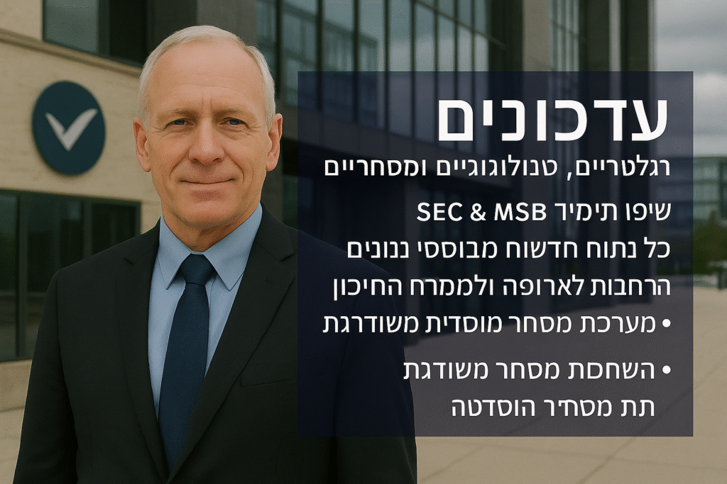 איש עסקים ישראלי מול בניין משרדים עם טקסט על תאימות רגולטורית ופתרונות פיננסיים של OPCOPRO